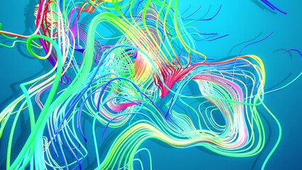 Curved lines, tinsel. 4k abstract bg with grow multicolor lines like glossy ribbons forming curl noise. Creative colorful 3d motion design bg. Luma matte as alpha channel. Subsurface glow material.