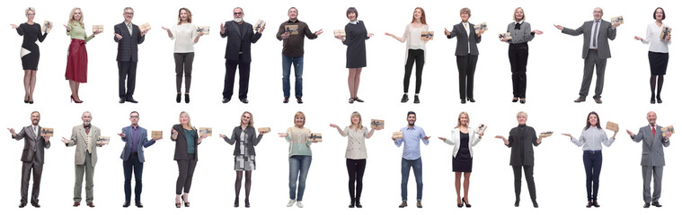 Obraz premium group of happy people with gifts in their hands isolated