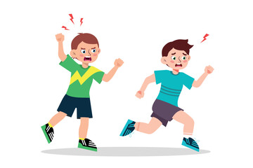 Vector illustration of children fighting. Cartoon scene of angry boy yelling at another boy isolated on white background. Childrens bullying