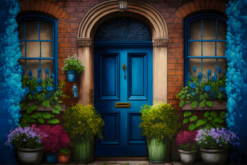 blue front door of house in large brick house with flowers in pots.