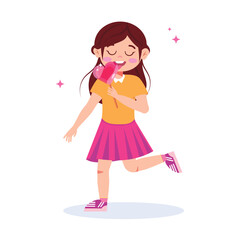 Vector illustration of a girl with a lollipop. Cartoon scene of happy little girl holding sweet heart shaped lollipop isolated on white background.