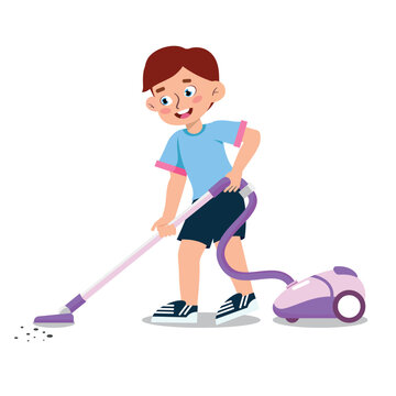 Vector illustration of a boy holding an electric vacuum cleaner. Cartoon scene of smiling boy cleaning garbage with vacuum cleaner isolated on white background.