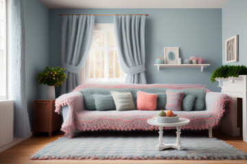 Fototapeta premium Miniature living room interior design made of cloth and wool yarn. colorful chairs and tables made of wool. Doll's House. Generative AI