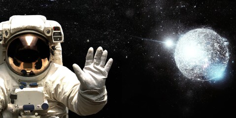 Obraz na płótnie Canvas Cosmonaut With A Stormy Frozen Planet in the Background