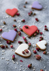 beautiful cookie hearts, strewn with a tea rose. St. Valentines Day
