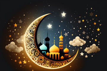 Moon, stars, and the night sky at Ramadan Kareem celebration. Generative AI