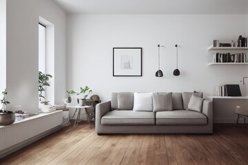 mock up poster frame in boho interior background, wooden living room design, Scandinavian style. Generative AI illustration