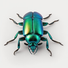 a close up of a green and blue beetle on a white background
