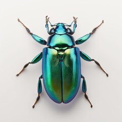 a green and blue and green beetle sitting on top of a white surface - obrazy, fototapety, plakaty