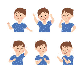 Little Boy Demonstrating Facial Expression and Emotion Grimacing Vector Set