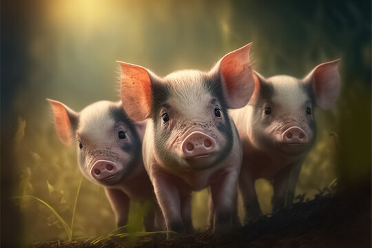 Cute Pigs. Pig Farm Industry Farming Hog Barn Pork. Portrait Of Funny Looking Piglets. Generative AI
