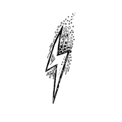 Hand drawn magic illustration with lightning thunderstorm geometric drawing. Graphic art tattoo sign, ready to use.