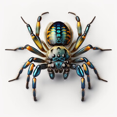 a large colorful spider with a blue and yellow pattern on it's back legs, isolated on white background