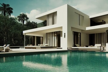 Fototapeta premium Luxury pool villa spectacular contemporary design digital art real estate , home, house and property, Generative AI illustration.