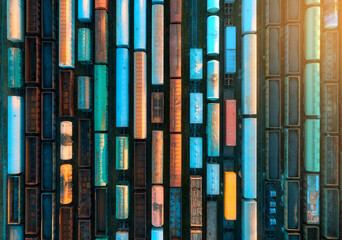 Drone view of freight trains at sunset. Railway cargo wagons with goods on railroad. Aerial view of colorful wagons. Depo of freight trains. Railway station. Heavy industry. Industrial. Transportation