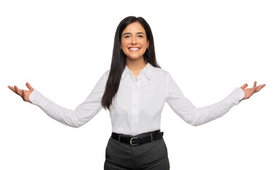 Business woman with hands facing palms up, promo between choices, the entire space, empty blank place, copy, presenting advertisement, isolated on a white background