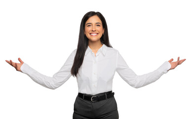 Business woman with hands facing palms up, promo between choices, the entire space, empty blank place, copy, presenting advertisement, isolated on a white background - 567166917