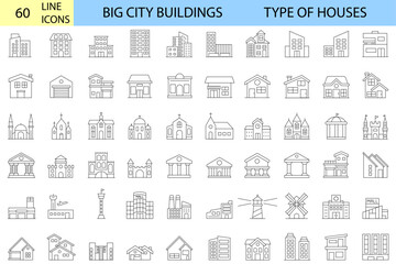 type of houses. Set of linear icons of big city buildings. Urban architecture. State institutions, religious and cultural monuments. Educational centers and residential buildings