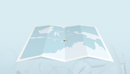 Map of East Timor with the flag of East Timor in the contour of the map on a trip abstract backdrop.