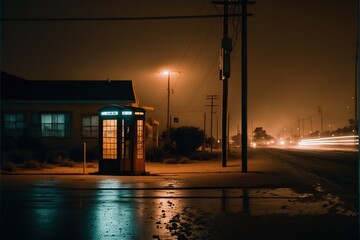 Isolated telephone booth in the dark of night
