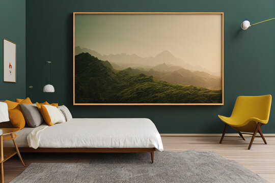 Beautiful Mid Century Modern Teal Bedroom Interior with Staged Furniture and Yellow Accent Chair Made with Generative AI