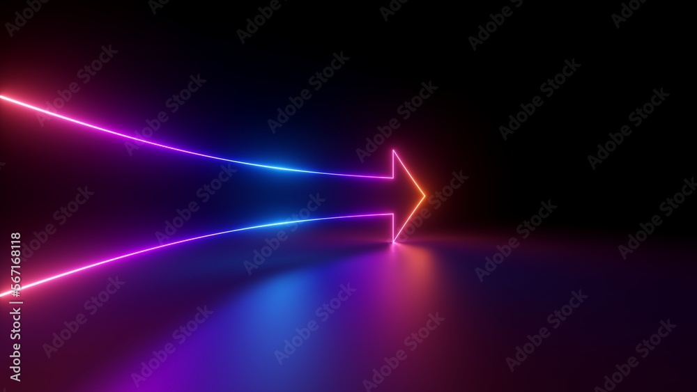 Sticker 3d render, abstract minimalist geometric background. glowing neon arrow points right, linear directi