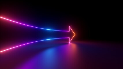 3d render, abstract minimalist geometric background. Glowing neon arrow points right, linear direction symbol - 567168118
