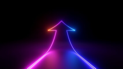3d render, abstract minimalist geometric background. Colorful neon ascending arrow, linear sign - 567168132