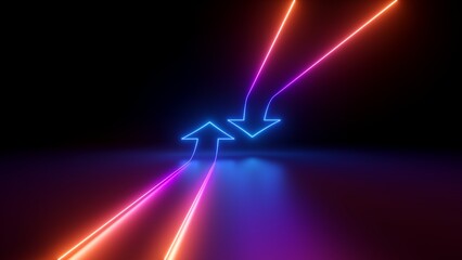 3d render, abstract minimalist geometric background. Two counter neon arrows shifting, linear graphics. Shuffle concept - obrazy, fototapety, plakaty