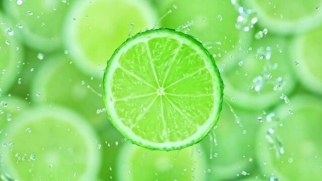 Super Slow Motion Shot of Splashing Water from Rotating Lime Slice at 1000fps.