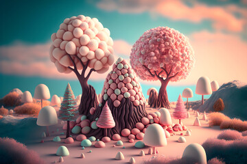 Small sweet landscape of various foam candies in all shapes