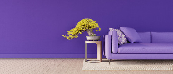 Mock up Living room interior design with purple sofa. Empty purple wall with copy space on left. 3D render 