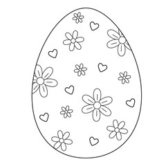 Easter egg black and white simple vector illustration for coloring book, page isolated on white background. Easter egg with floral print, daisies and hearts. Cute coloring page for kids