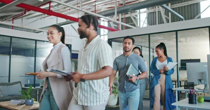 Business people, teamwork and walking in office to start meeting, planning or discussion. Diversity group of employees ready for collaboration, strategy management and company goals in startup agency