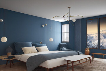Naklejka na ściany i meble Cozy Winter Luxury Mid Century Modern Primary Bedroom Interior with Photo Frames Blue Accents Made with Generative AI