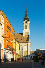 Fototapeta premium Picturesque urban scape of Baja with small church in sunny autumn day, Hungary