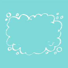 Abstract cloud drawn shape. Vector illustration white linear callout cloud on blue square card. Slogan or quote template cartoon style.