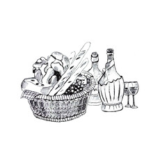 Hand drawn sketch illustration of bakery basket with different kind of bread and chees. Vintage linear graphics of fresh bread and bottles of wine