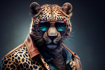 Creative jaguar in a jacket and sunglasses in front studio background, AI