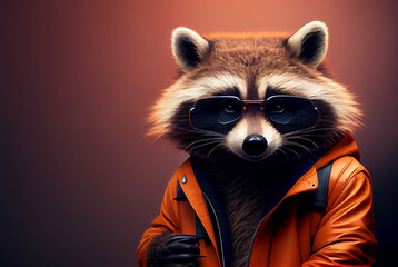 Creative raccoon in a jacket and sunglasses in front studio background, AI