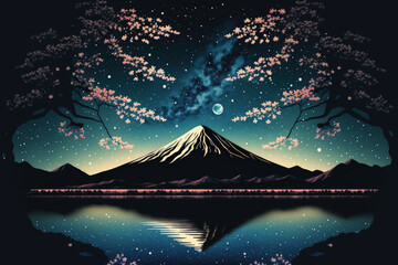 Mountain Fuji and Milkyway at Lake Yamanakako in spring season, Japan. Generative AI