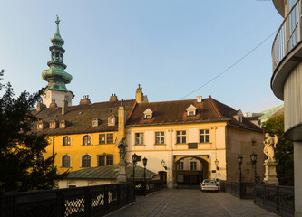 Historical center of Bratislava with colorful streets in Slovakia.