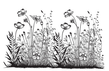 Wild flowers border sketch hand drawn sketch in doodle style