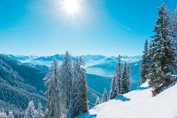 Naklejka premium Beautiful landscape in the Hochkoenig region, Austria, on a sunny winter day