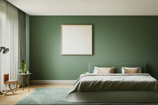 Beautiful Green Mid Century Modern Bedroom Interior with Furniture and Photo Frame Mockup Made with Generative AI