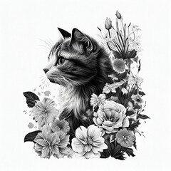 cat and flowers. generative ai