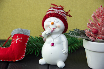 New Year's decor. Snowman. Warm hat. Christmas tree. Red shoe. Golden background
