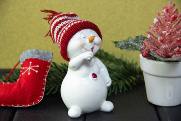 New Year's decor. Snowman. Warm hat. Christmas tree. Red shoe. Golden background