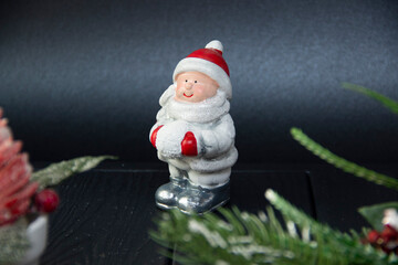 Snowman. New Year's decor. Christmas snowflakes. Christmas tree. Ceramic figurine