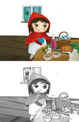 cartoon little girl kid in wooden house in red hood illustration for children